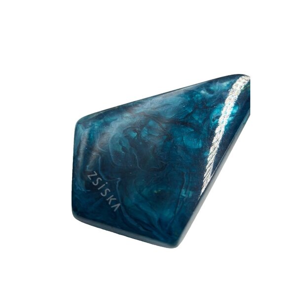 Zsiska Blue Resin Dangle Earrings Gold Leaf Marbled Modernist Statement Signed - Picture 2 of 6